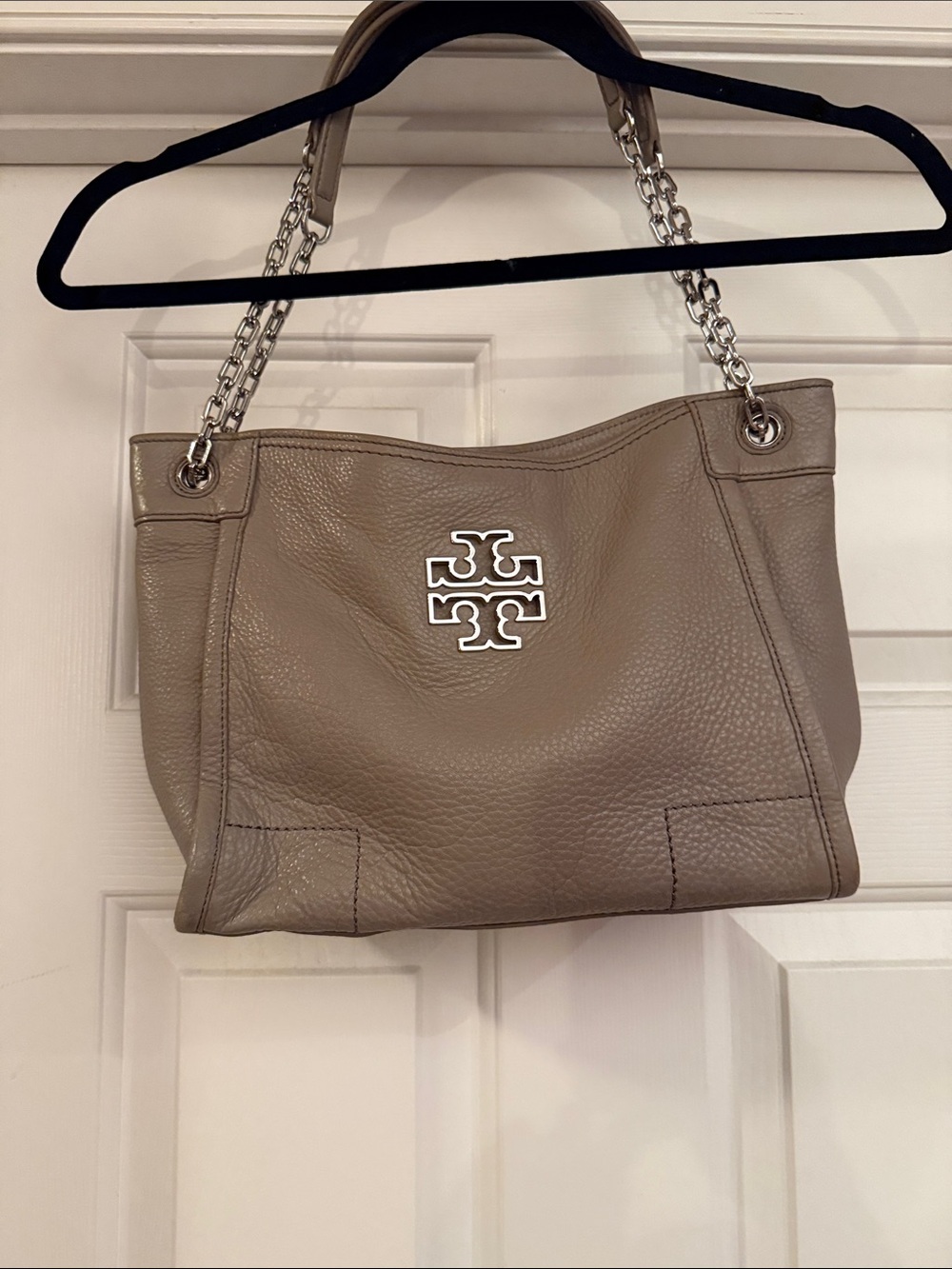 Tory Burch Taupe Pebbled Leather Shoulder Tote with Silver Chain